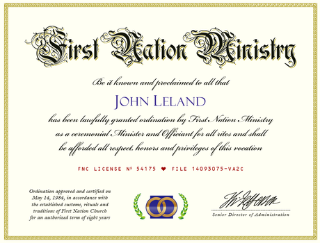 Wedding Minister Ordination Certificate (click to enlarge) Minister Ordination Certificate Sample (Image)